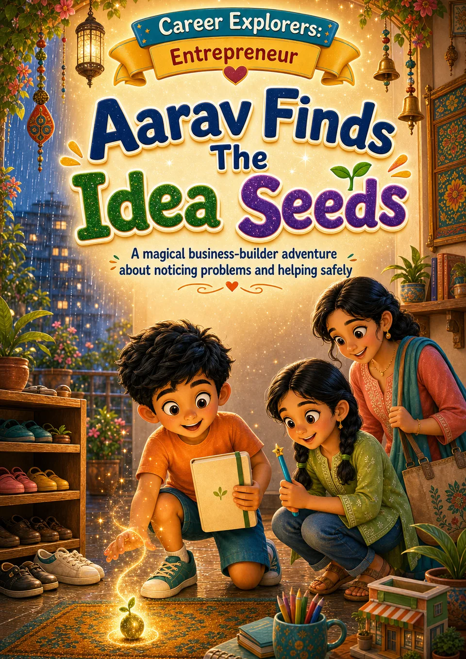 Cover concept for Aarav Finds the Idea Seeds from the Career Explorers series